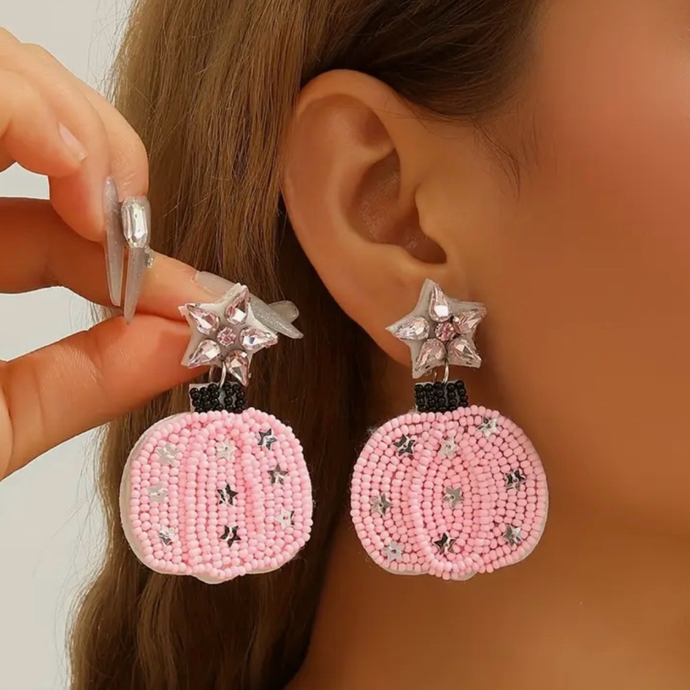 Pink Beaded Pumpkin Star Earrings